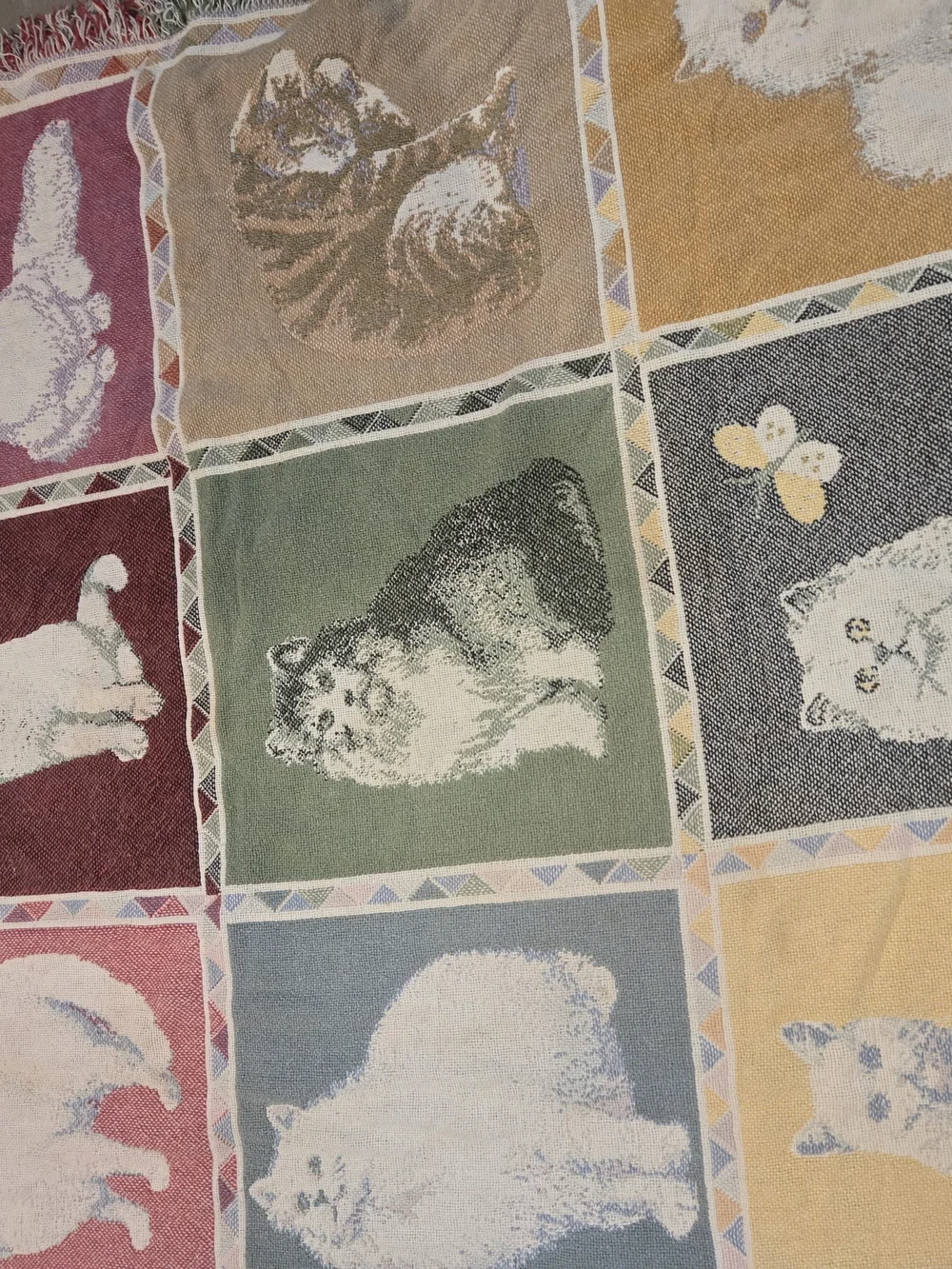 vintage 90s kitty cat tapestry throw blanket features a patchwork grid 46x66